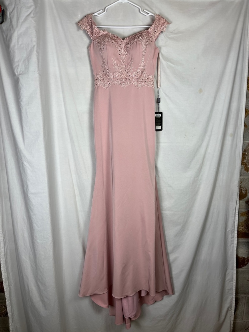 NWT Nox Anabel Blush Pink Floor Length Rhinestone Lace Formal Dress with Train